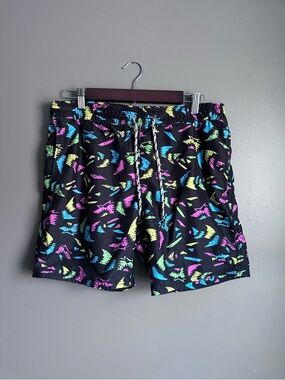 Maui and Sons Black Swim Trunks with Neon Blue, Pink, Yellow & Green Print